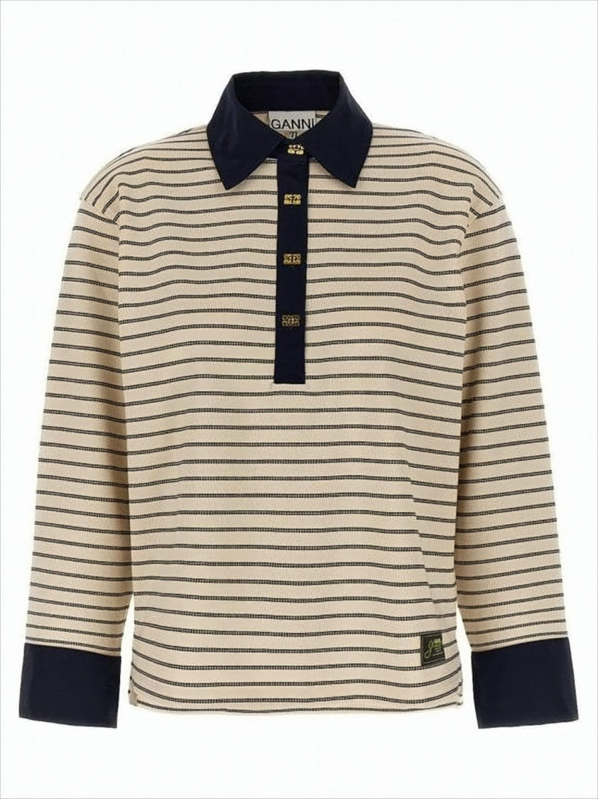 Ganni Boxy Striped Long-Sleeved Top With Gold-Tone Accents