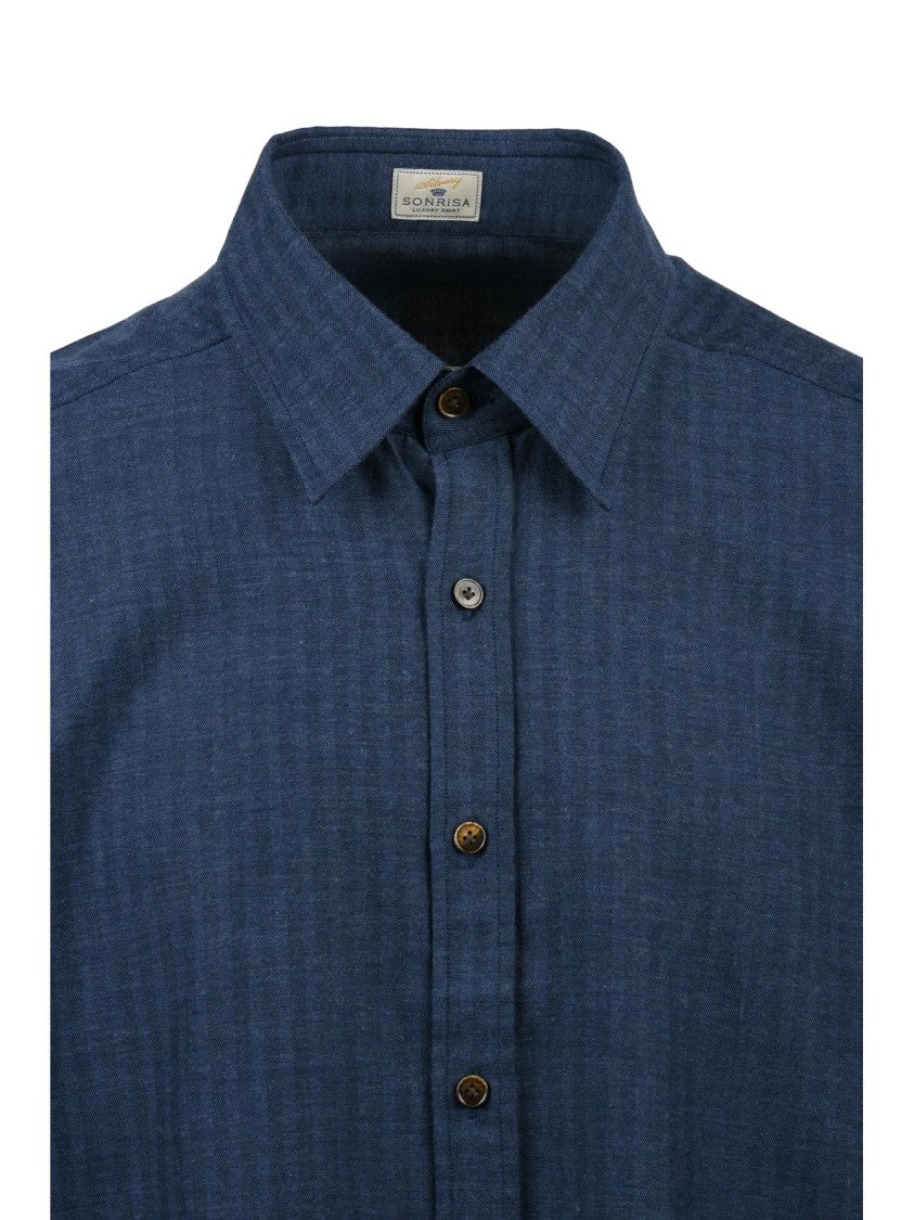 Sonrisa Silvery Textured Deep Blue Button-Up Shirt With Tailored Fit