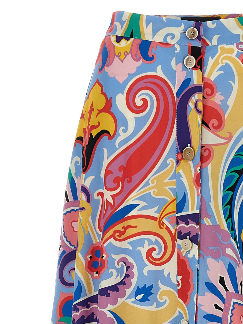 Etro Vibrant Paisley Print Cotton Skirt With Side Flounces And Button Closure