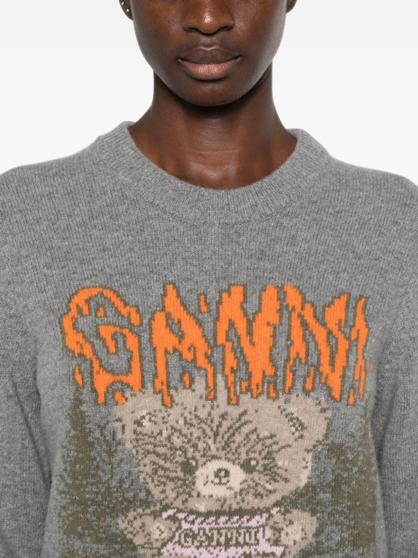 Ganni Grey Knit Sweater With Playful Teddy Bear Graphic