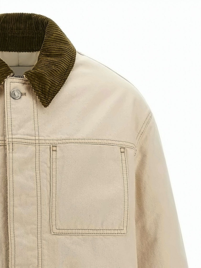 Ami Paris Boxy Padded Worker Jacket With Corduroy Collar