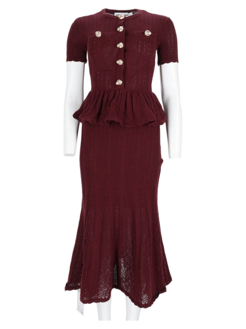 Self-Portrait Bordeaux Peplum Button Detail Cotton Midi Dress