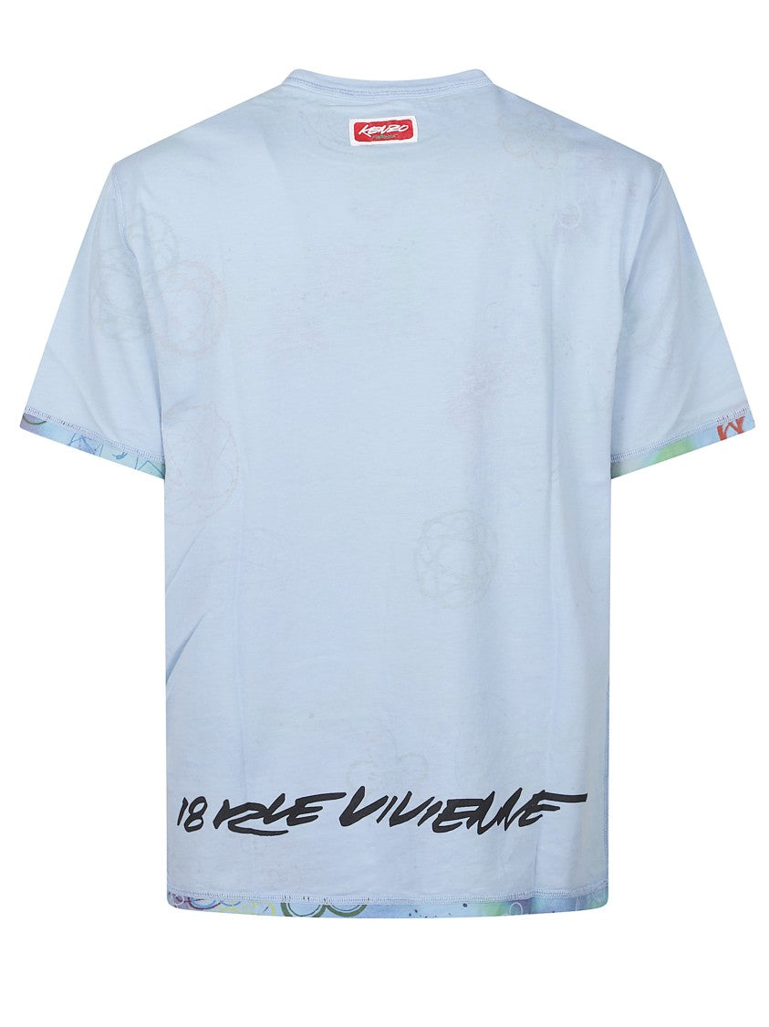 Kenzo Light Blue Logo Print T-Shirt With Floral Detail
