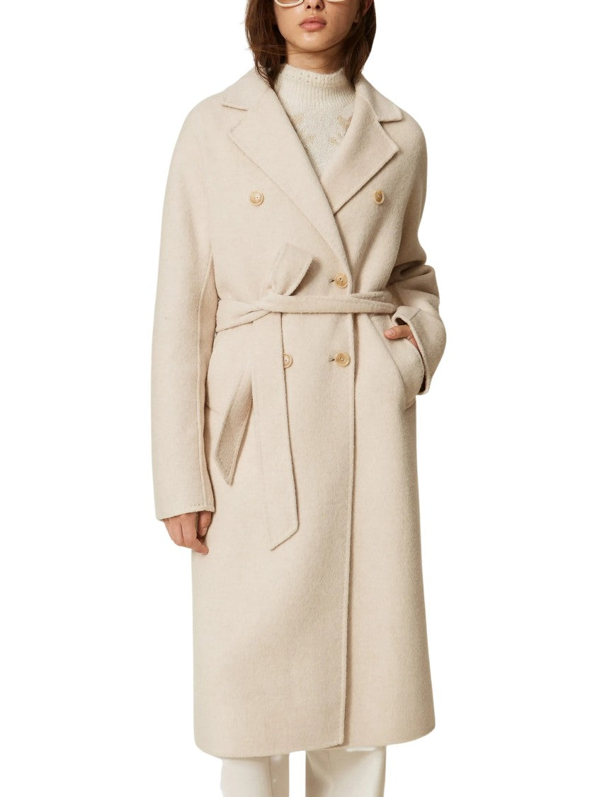 Twin-Set Brushed Ivory Long Coat With Double-Breasted Fastening