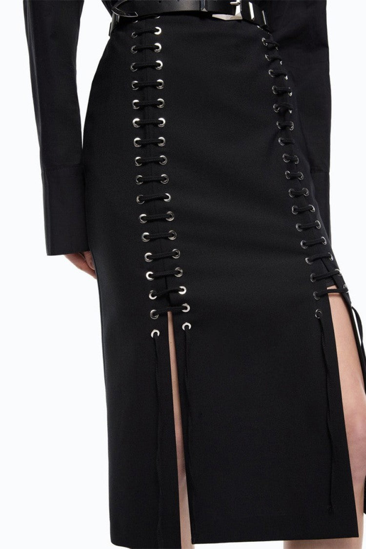 Pinko Black Polyester-Wool Blend Lace-Up Pencil Skirt