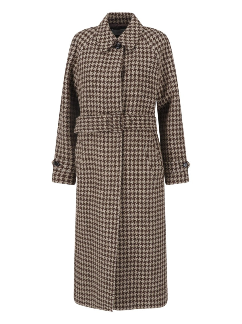 Lardini Brown Wool-Blend Houndstooth Belted Coat