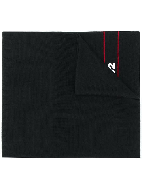 Dsquared2 Black Wool Scarf With Bold Logo And Red Accent Stripes