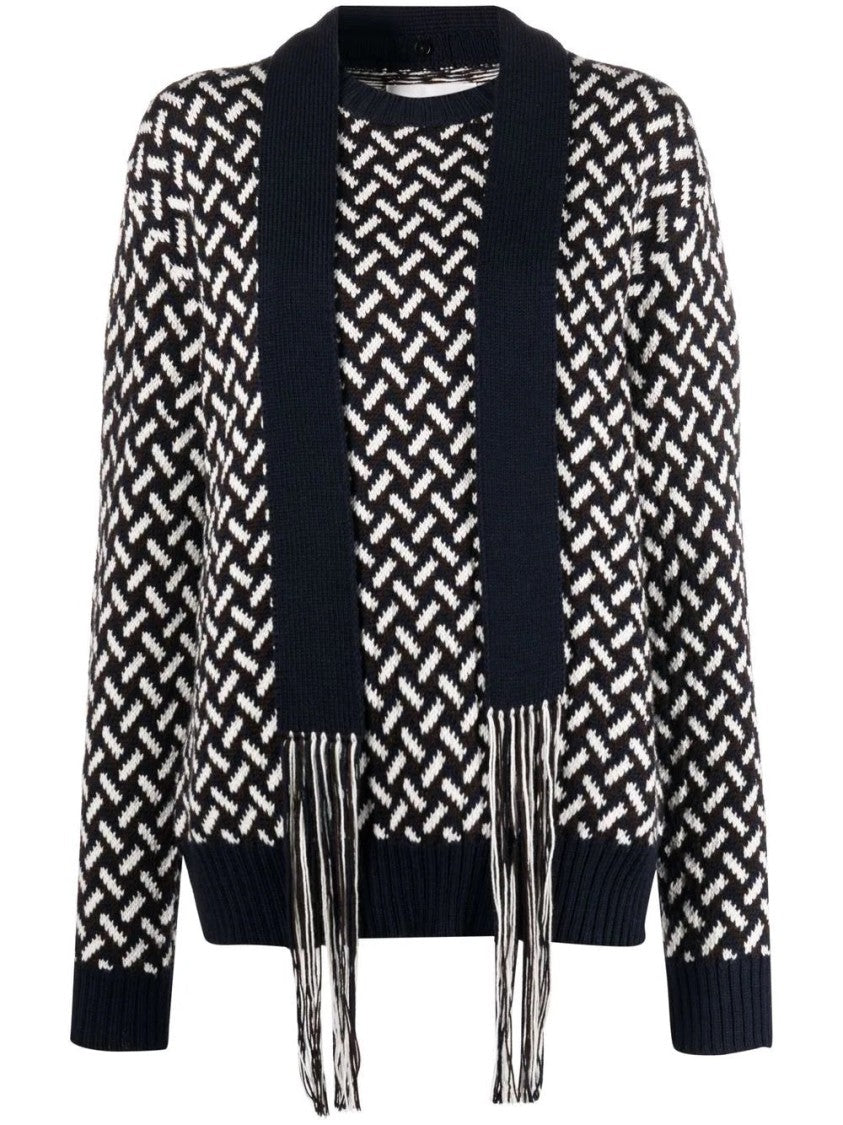 Jil Sander Textured Knit Sweater With Ribbed Collar And Fringed Hem