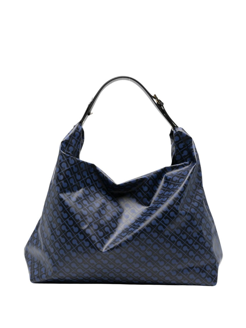 Gherardini Navy Blue Monogram Print Hobo Bag With Gold-Tone Hardware