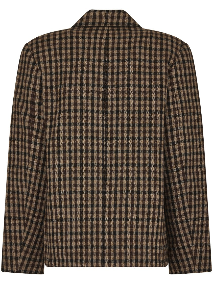 Ganni Check Wool Blend Oversized Blazer With Notched Lapels
