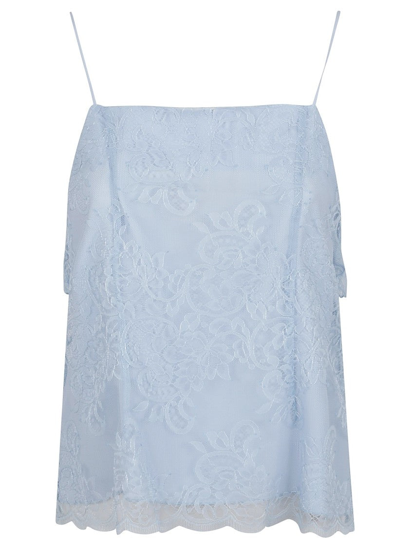Ermanno Scervino Lace-Overlay Blue Top With Scalloped Hem