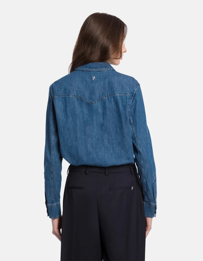 Dondup Medium Blue Wash Denim Shirt With Button-Down Front