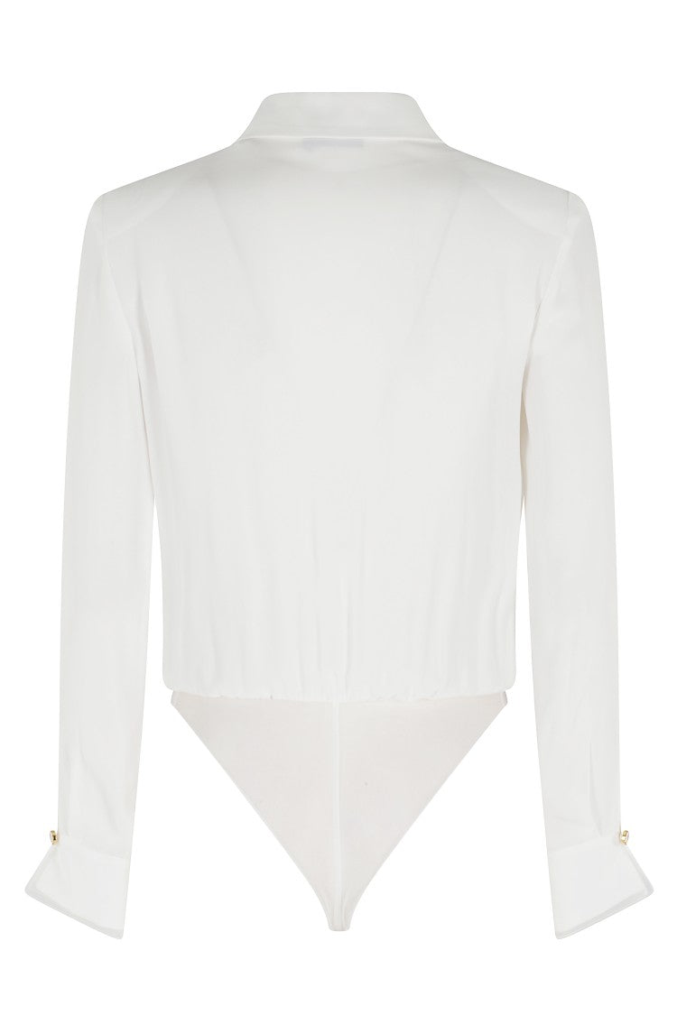 Elisabetta Franchi V-Neck Bodysuit Shirt With Organza Inserts And Padded Shoulders