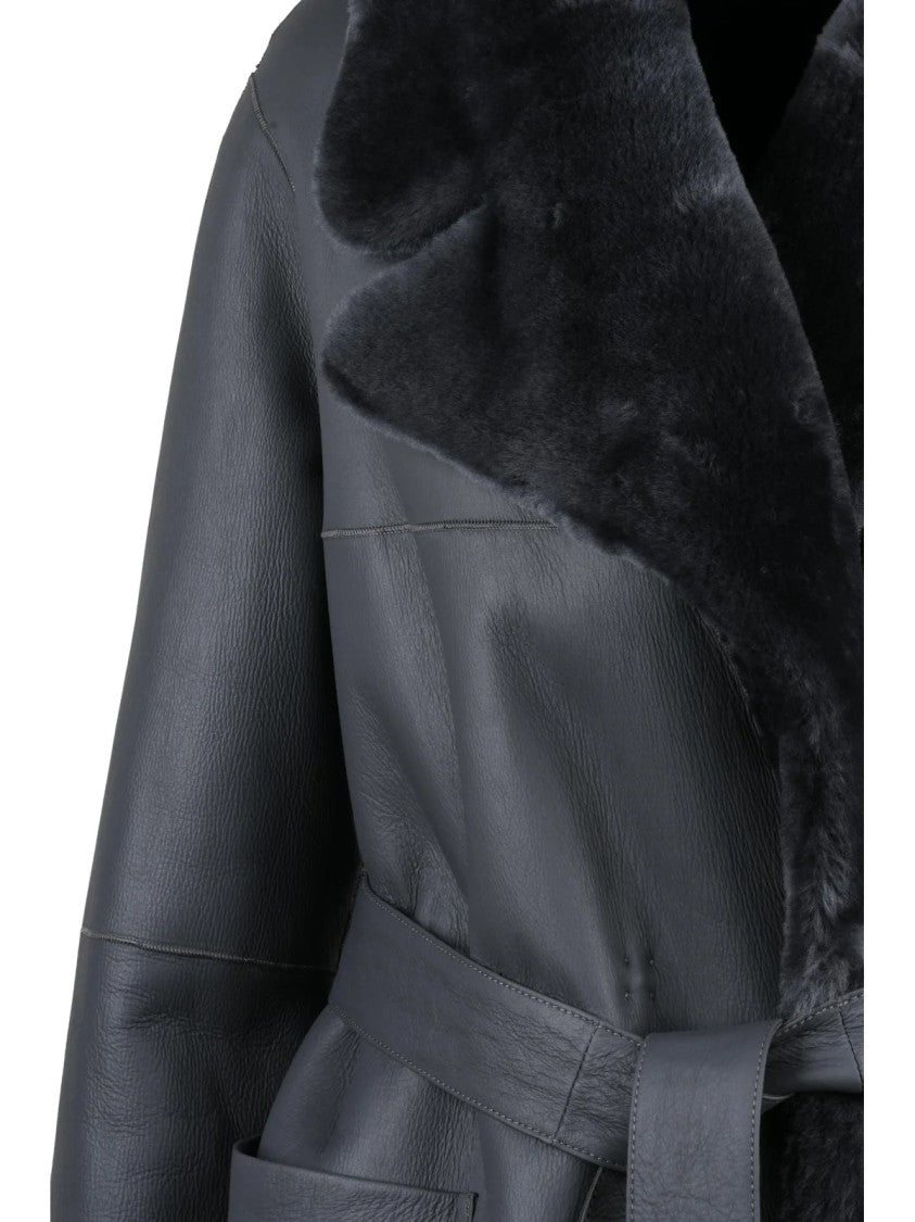 Desa 1972 Grey Plush Fur Lined Leather Trench Coat