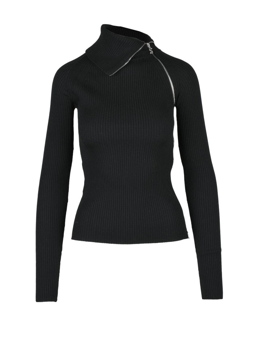 Sportmax Ribbed Turtleneck Sweater With Asymmetrical Silver Zipper Detail