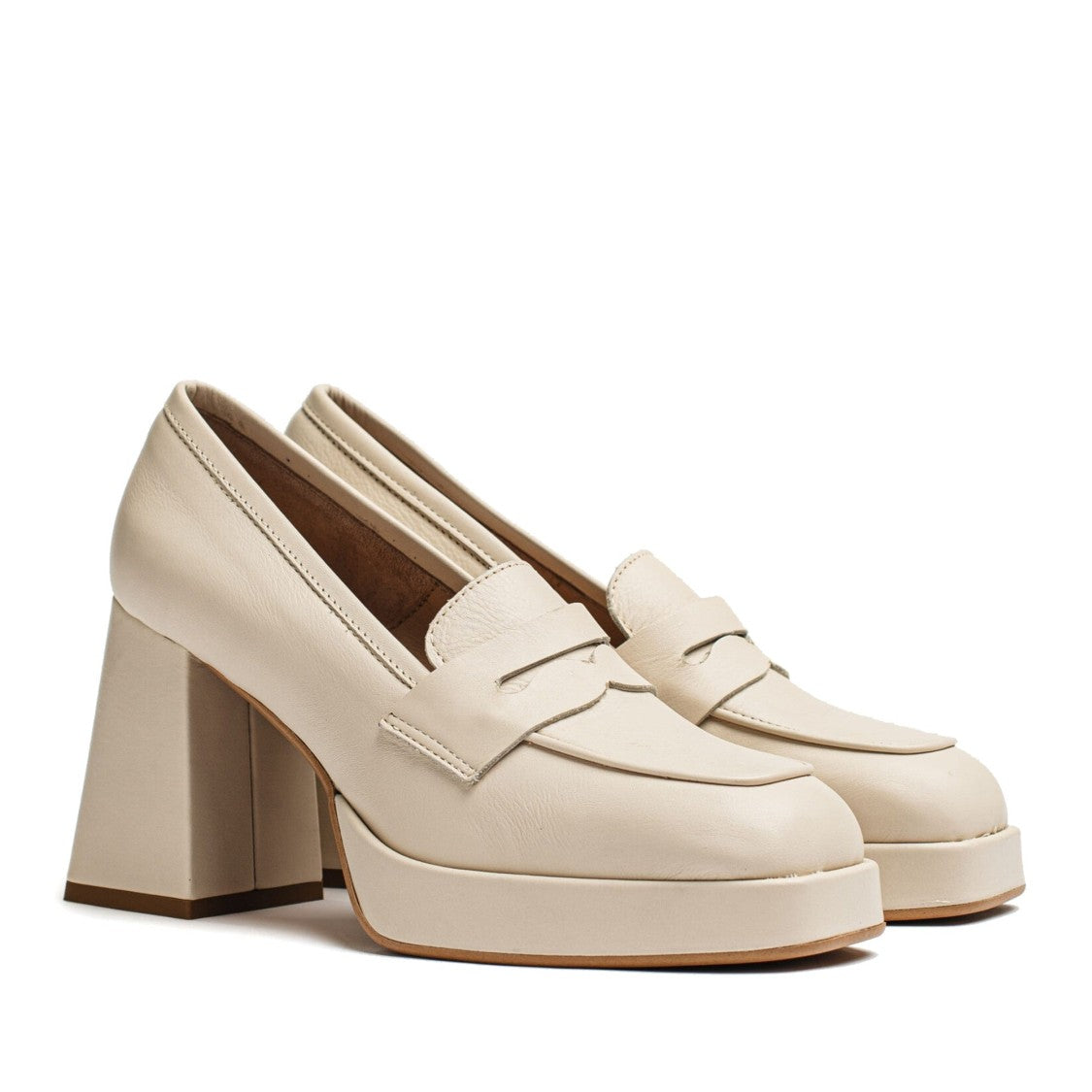 Vamsko Greta Beige High Block Heel Leather Loafer Pumps
