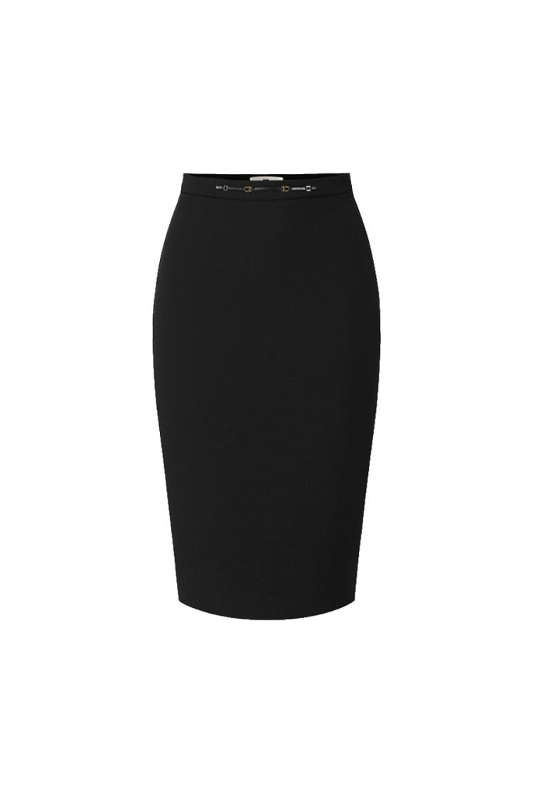 Elisabetta Franchi Black Metal Buckle Waist Polyester-Blend Pencil Skirt