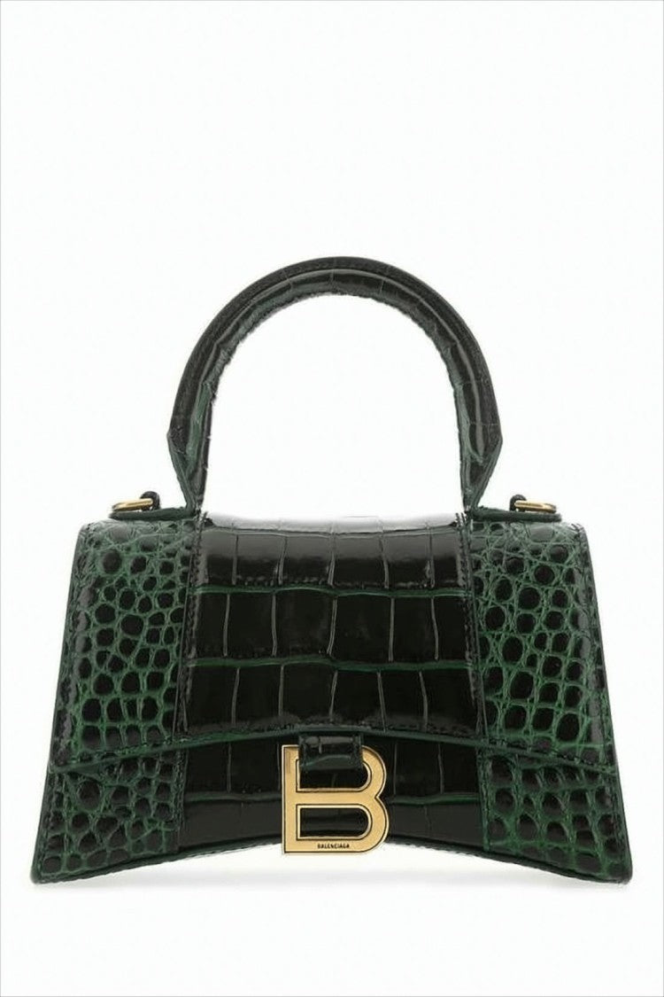 Balenciaga Glossy Crocodile-Embossed Green Tote Bag With Iconic Logo Clasp
