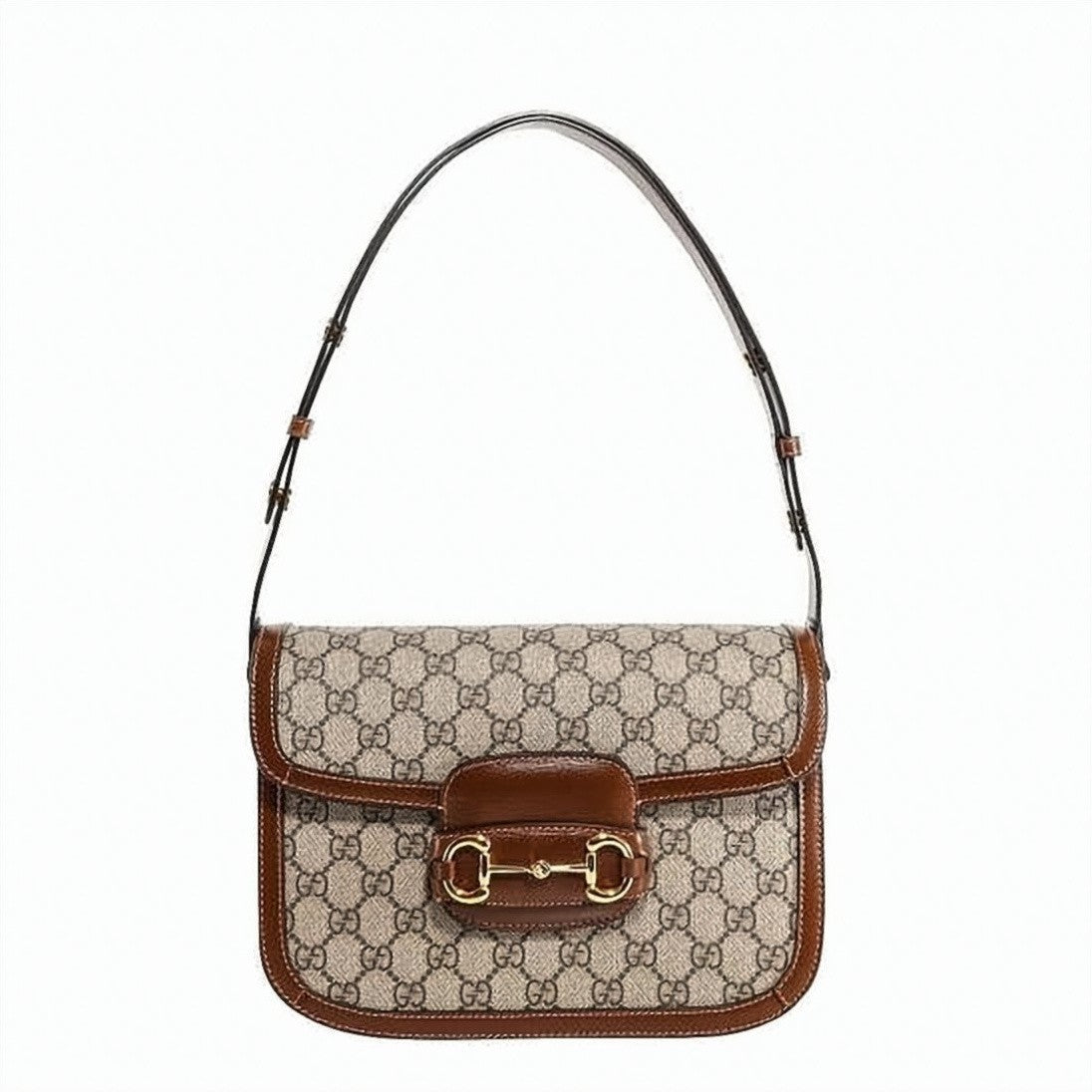 Gucci Structured Beige Canvas Horsebit Shoulder Bag With Leather Trimming