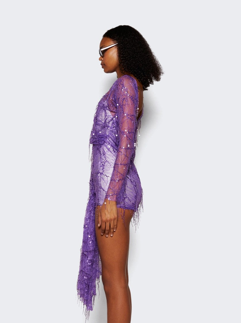 Christopher Esber Encased Beaded Ivy Lace Long Sleeve Mini Dress Grape