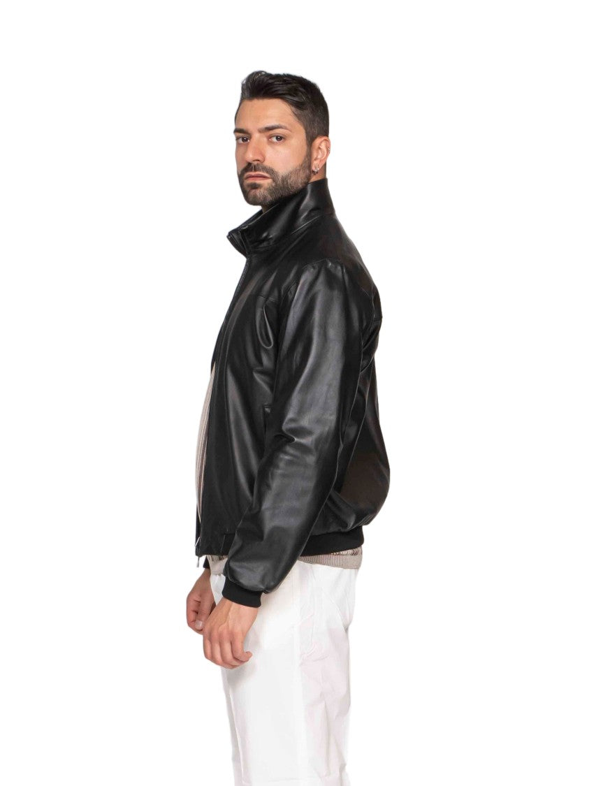Emporio Armani Black Minimalist Leather-Finish Blouson Jacket