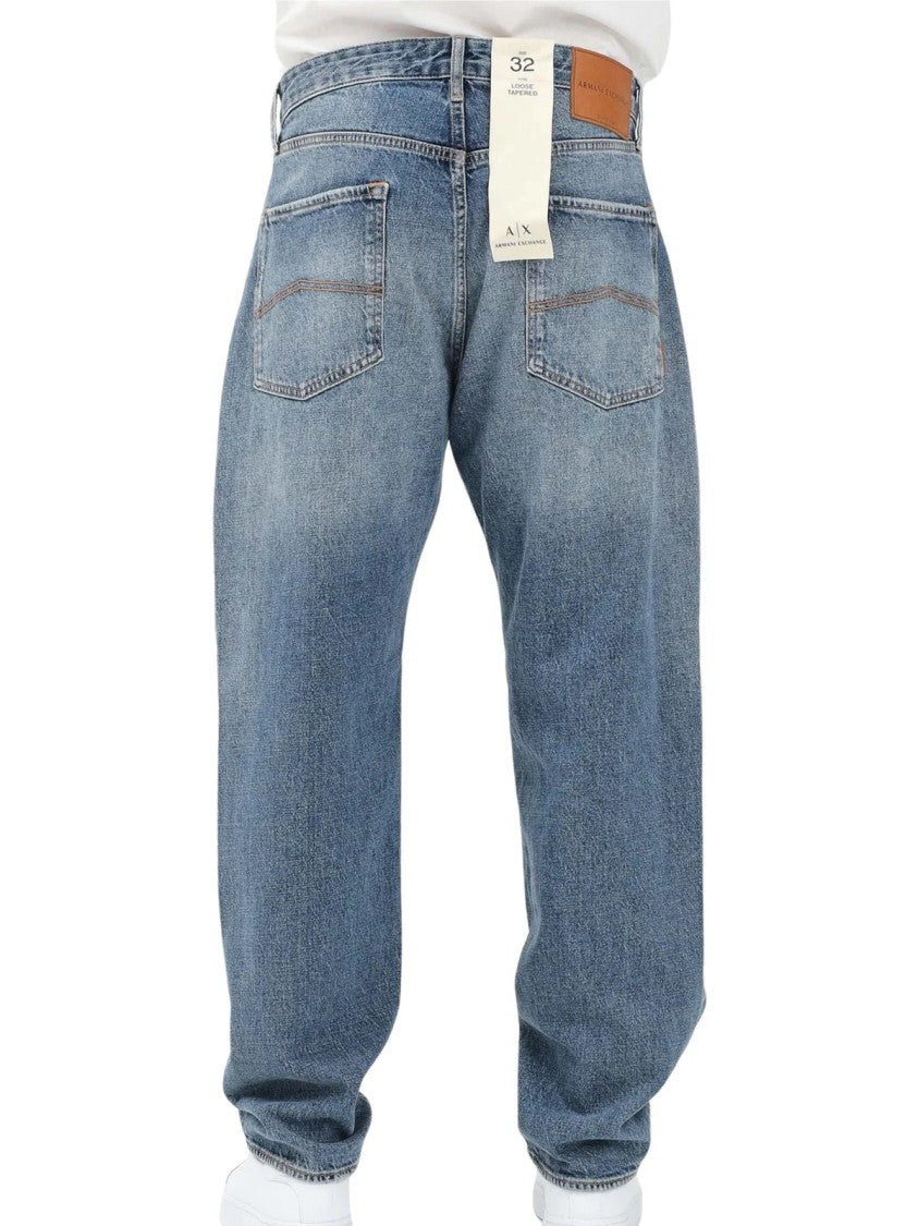 Armani Exchange Blue Cotton Elastane Loose Tapered Jeans
