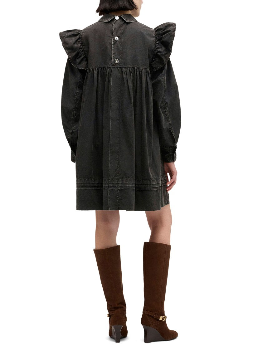 Ganni Garment Dyed Black Cotton Mini Frill Dress