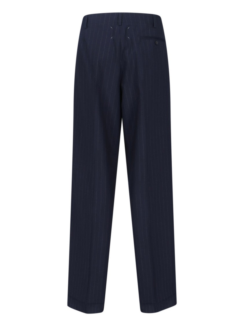 Maison Margiela Navy Blue Wool Trousers With White Pinstripe