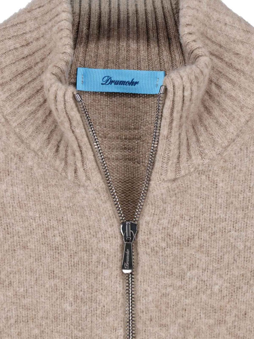 Drumohr Beige Wool Ribbed High Collar Zip-Up Sweater
