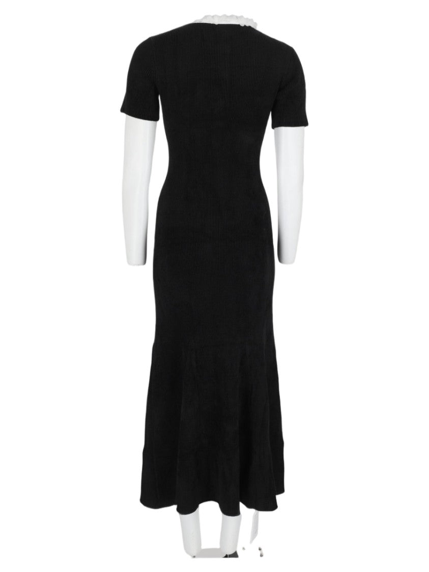Self-Portrait Black Floral Trim Ribbed Viscose-Blend Midi Dress