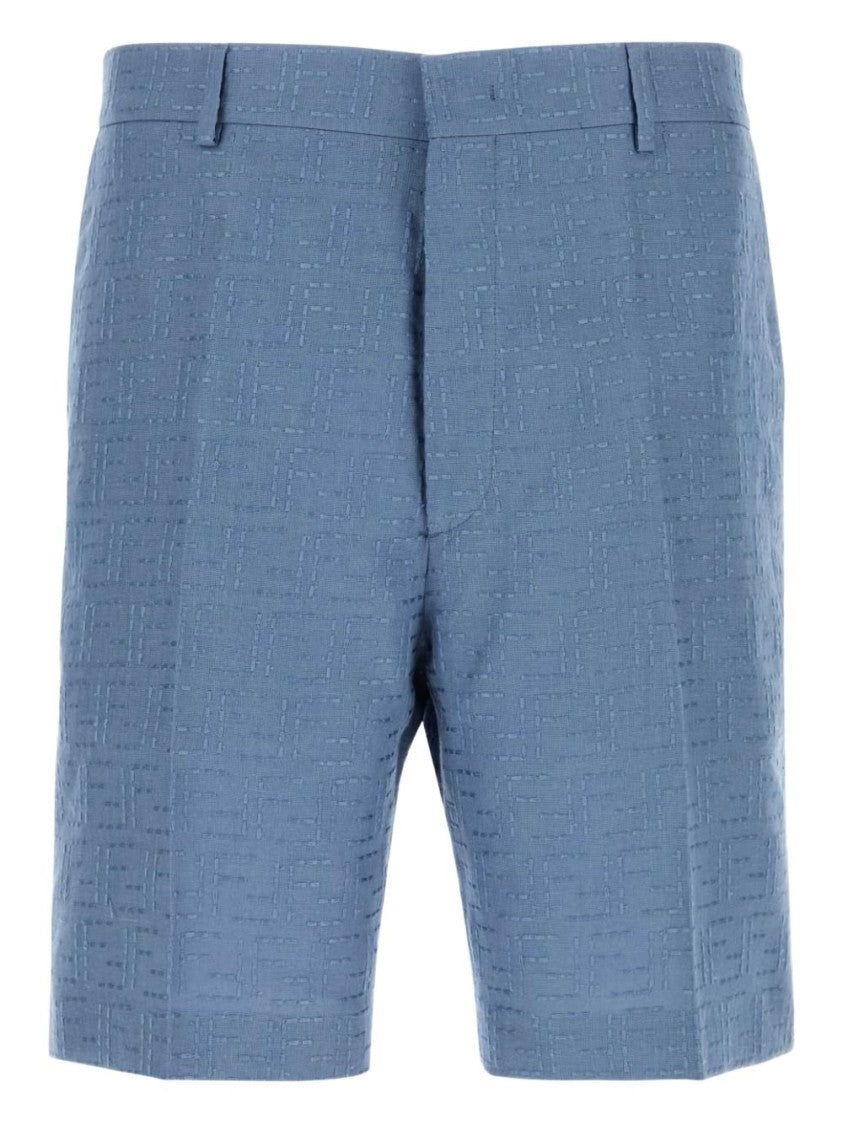 Fendi Light Blue Linen Ff Jacquard Bermudas