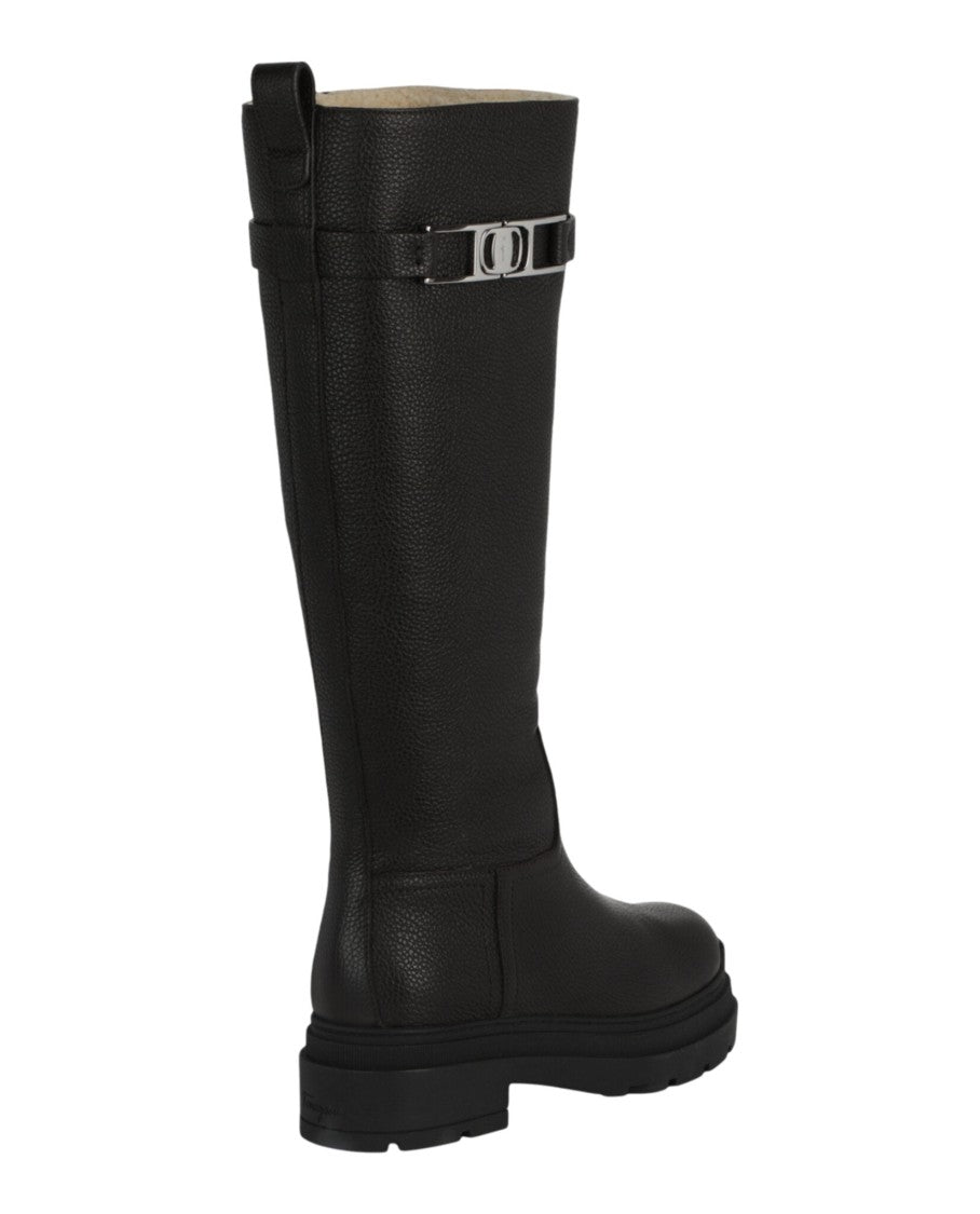 Ferragamo Pebbled Calfskin Knee-High Boots With Silver-Tone Detail