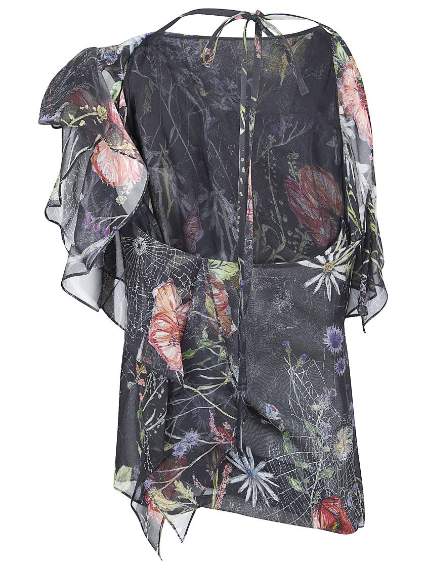 Alexander Mcqueen Asymmetric Floral Print Chiffon Blouse
