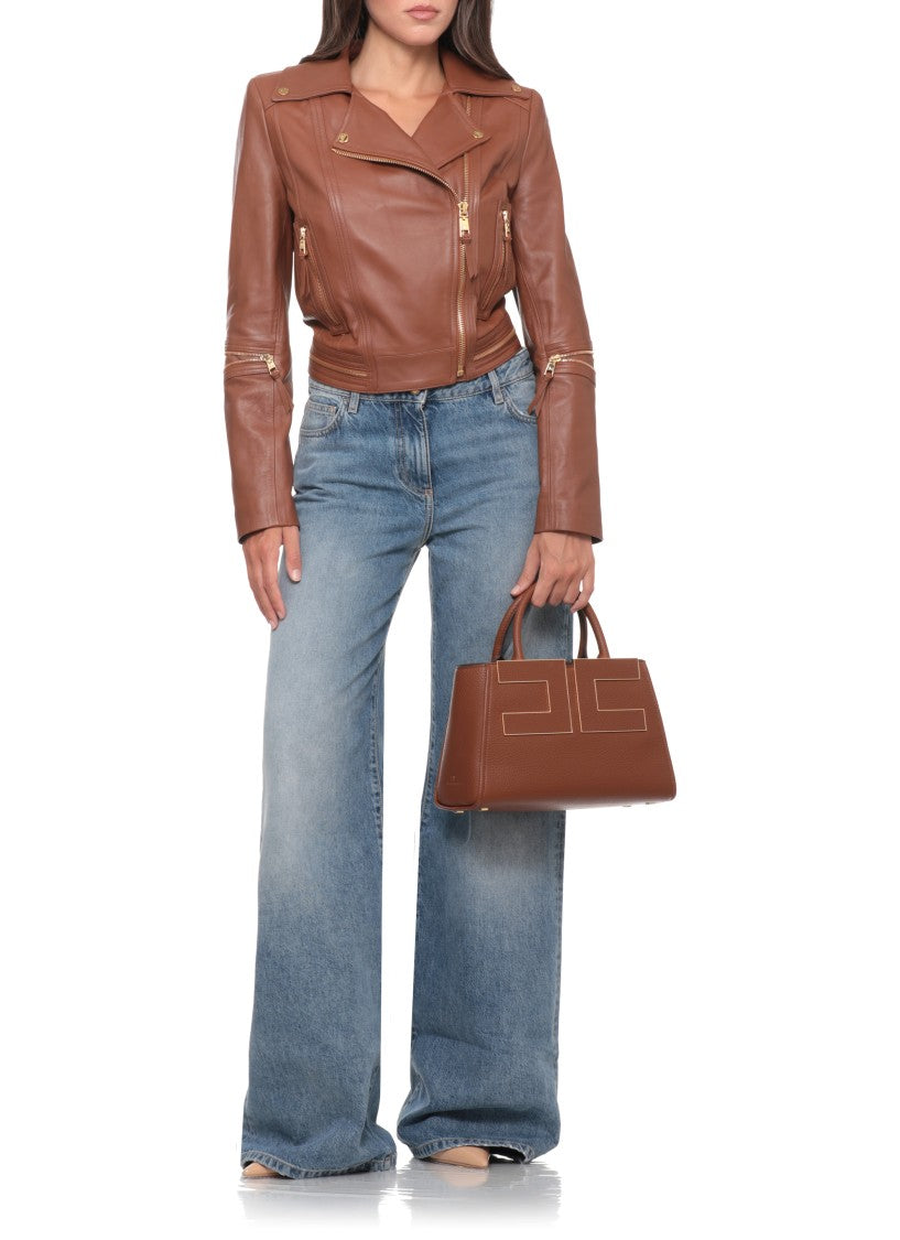 Elisabetta Franchi Textured Leather-Effect Handbag With Geometric Logo Detail