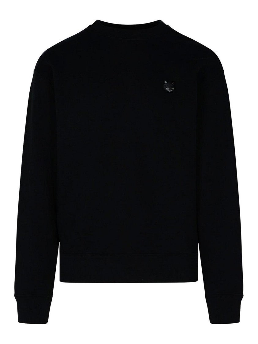Maison Kitsuné Long Sleeve Black Crewneck Sweatshirt With Embroidered Fox Emblem