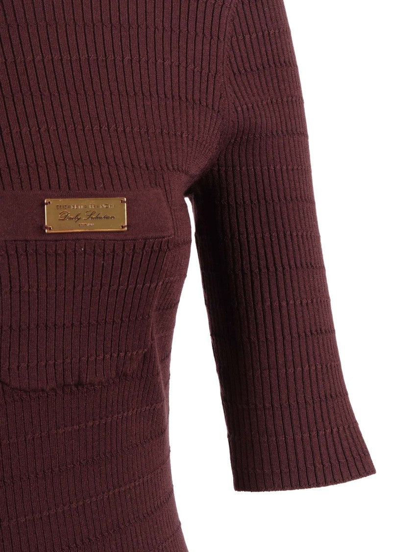 Elisabetta Franchi Burgundy Tricot Ribbed Knit Top