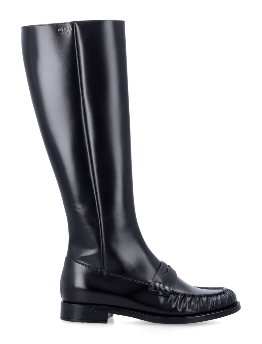 Prada Polished Leather Penny Knee-High Boots