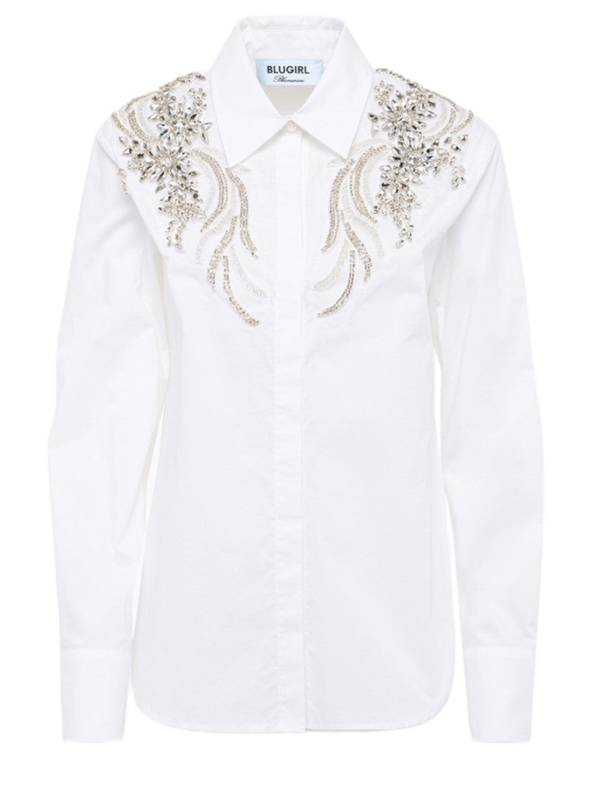 Blugirl Embellished White Shirt With Classic Collar And Intricate Detailing