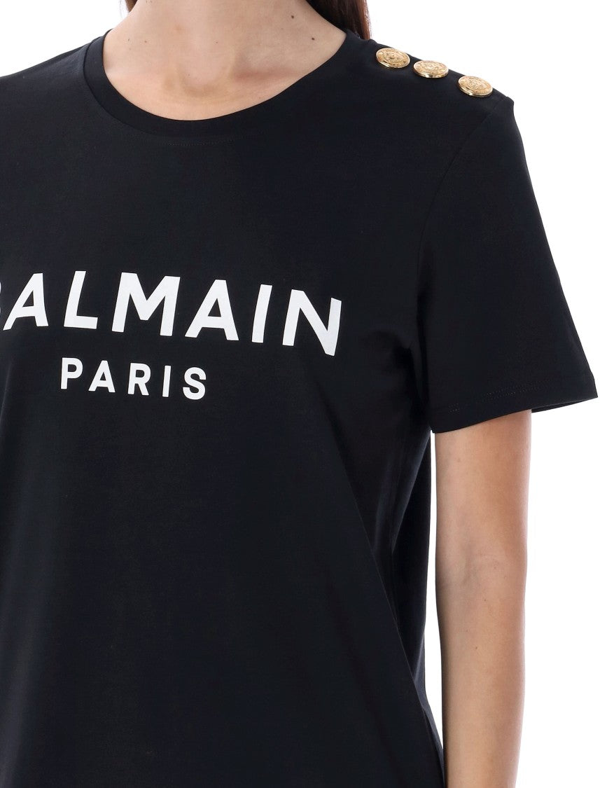 Balmain Flocked Black T-Shirt With Decorative Shoulder Buttons
