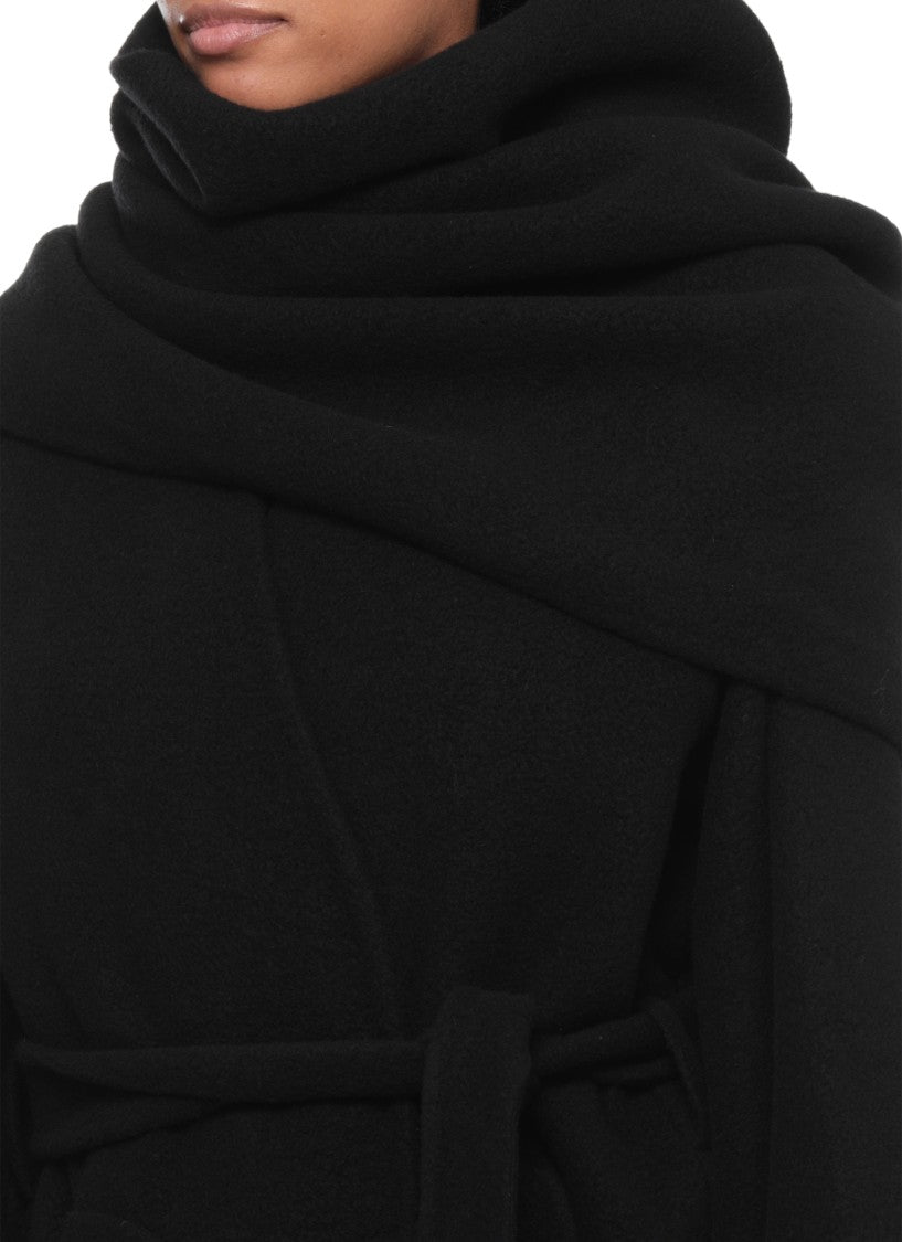 Rick Owens Long Black Cashmere Coat With Distinctive Cape And Matching Belt