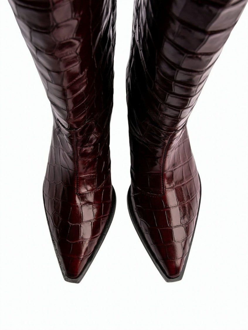 Poeve Crocodile-Embossed Calfskin Flared Block Heel Tall Boots
