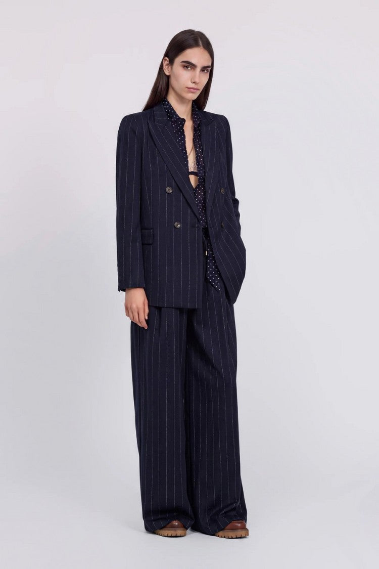 Ermanno Navy Pinstripe Double-Breasted Polyester-Blend Blazer