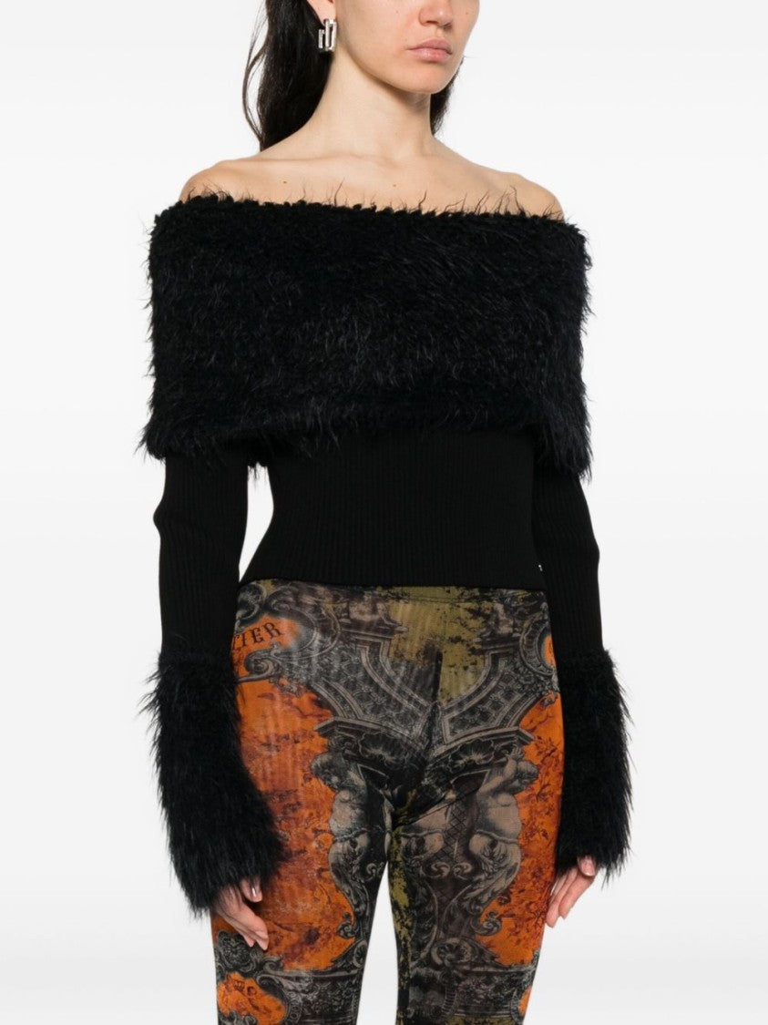 Jean Paul Gaultier Black Fur Trim Off-Shoulder Sweater