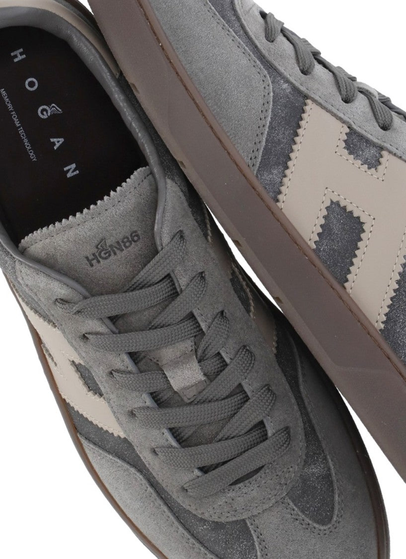 Hogan Grey H Detail Beige Heel Suede Low-Top Sneakers