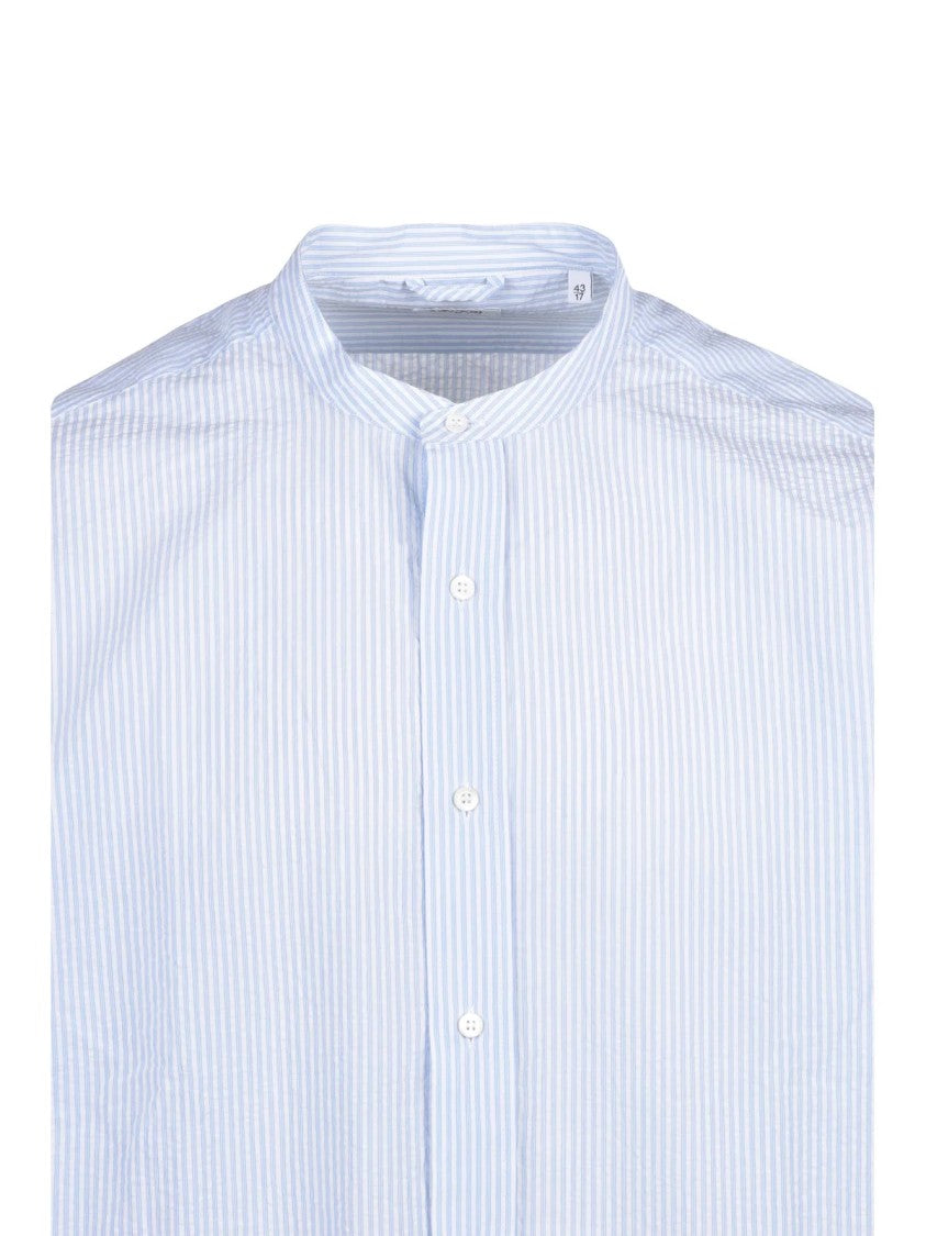Aspesi Sky Blue/White Vertical Stripe Mandarin Collar Cotton Shirt