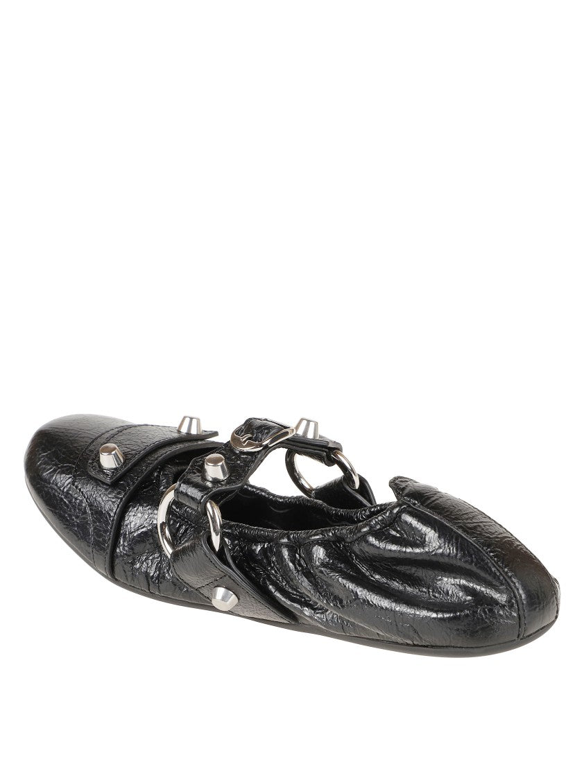 Balenciaga Pointed Toe Black Leather Flats With Silver-Tone Accents
