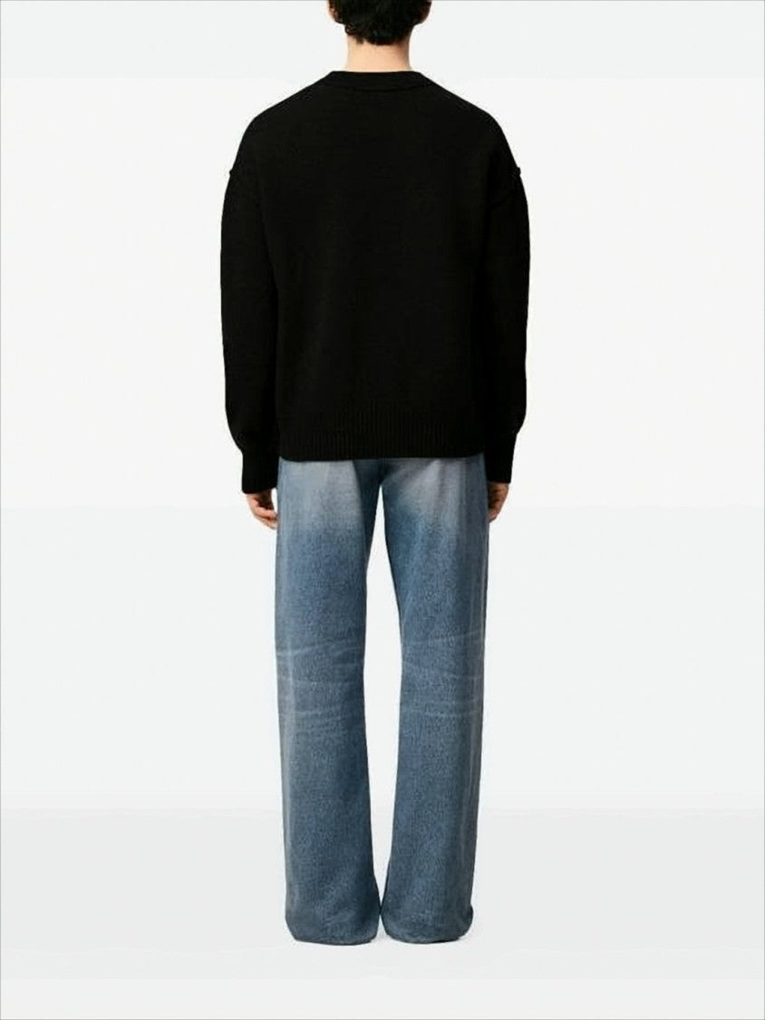 Ami Paris Relaxed Fit Black Wool Sweater With Heart Emblem