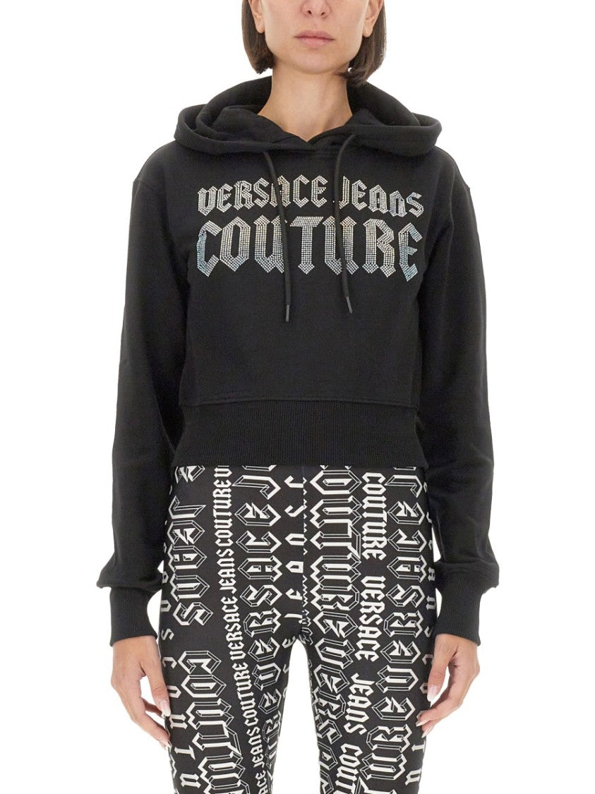 Versace Jeans Couture Cropped Black Sweatshirt With Hood And Logo Detail