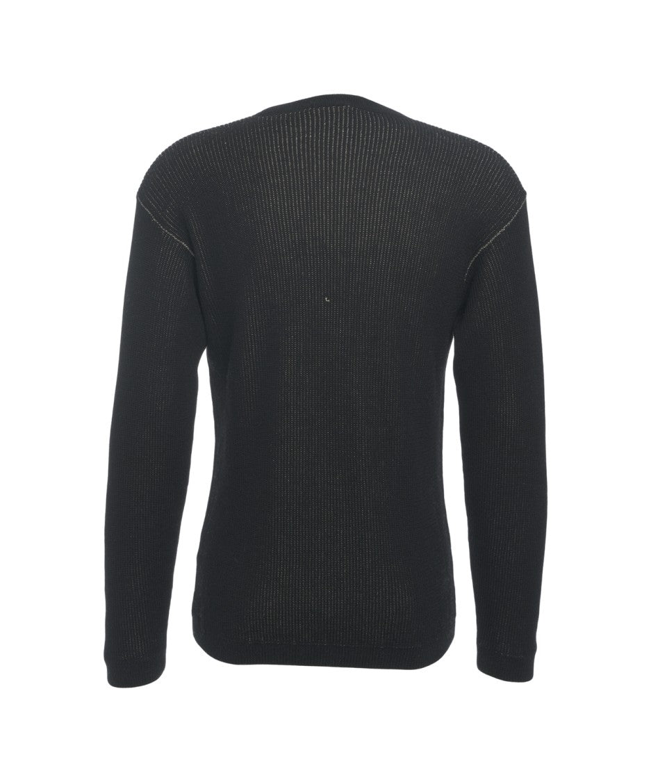 Transit Lightweight Black Pullover With Ribbed Trims And Classic Crew Neck
