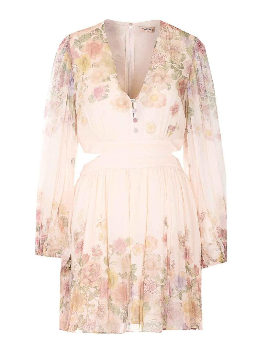 Twin-Set Delicate Floral Print Mini Dress With Puff Sleeves